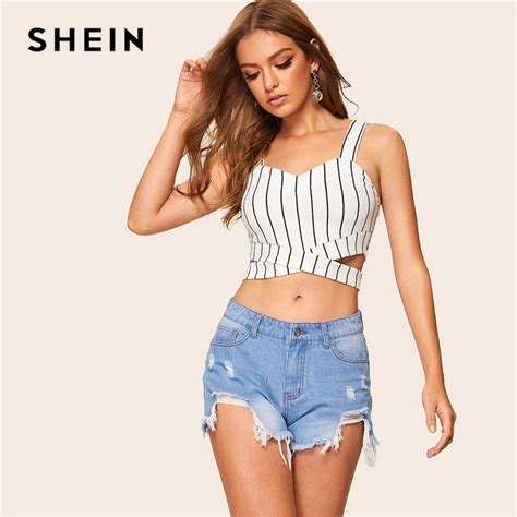 Shein Crisscross Waist White Striped Crop Top 2019 New Sexy Women