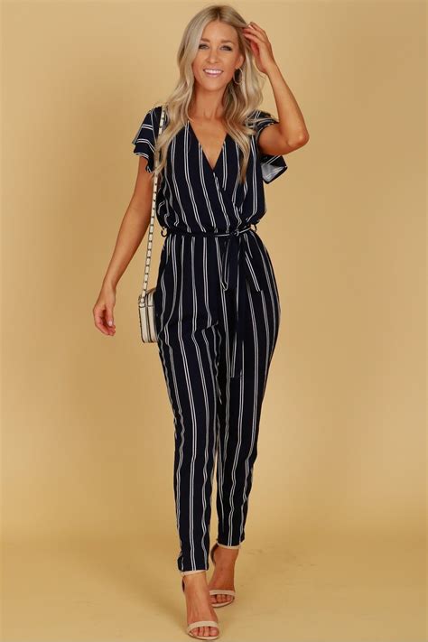 Vertical Striped Short Sleeve Jumpsuit Navy Jumpsuit With Sleeves