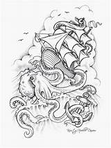 Kraken Drawing Sinking Nautical Flash Polvo Tatuaje Nner Cken Arabe Attacking Tatuagens Animais Angst Marinhos Mrtatuajes Barcos Pulpo Sketches Cracken sketch template