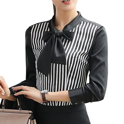 Elegant Women Black White Stripe Blouses Fashion Formal Slim Long