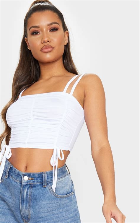 white ruched detail strappy crop top tops prettylittlething