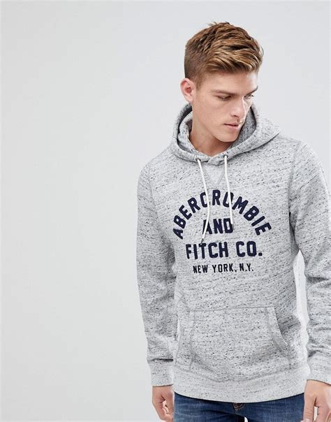 abercrombie and fitch large front flock logo hoodie in gray marl gray