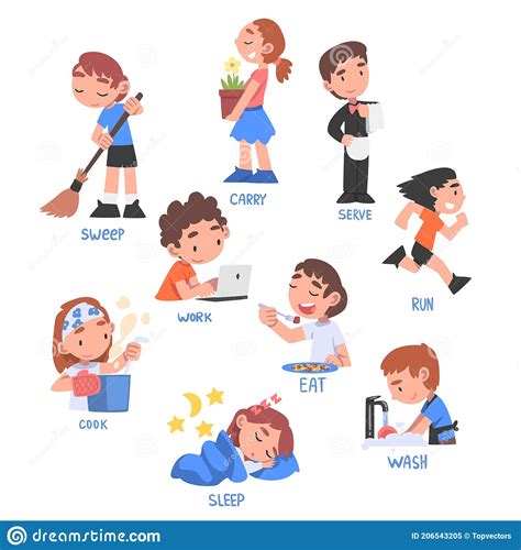 action verbs set children education concept cute kids