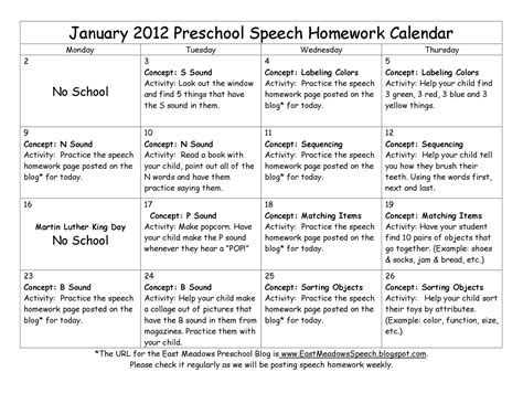 east meadows speech january  preschool speech homework week