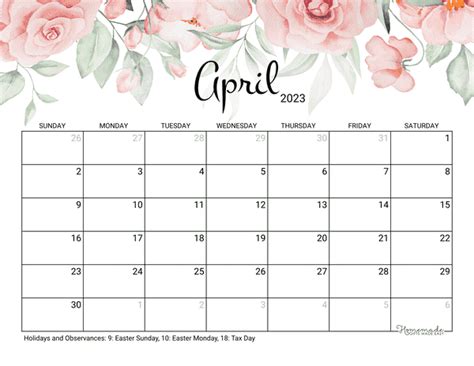 calendar  printable  monthly april  calendar  update