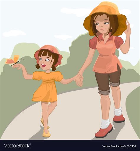 Mother Walks With Her Daughter In The Park Vector Image