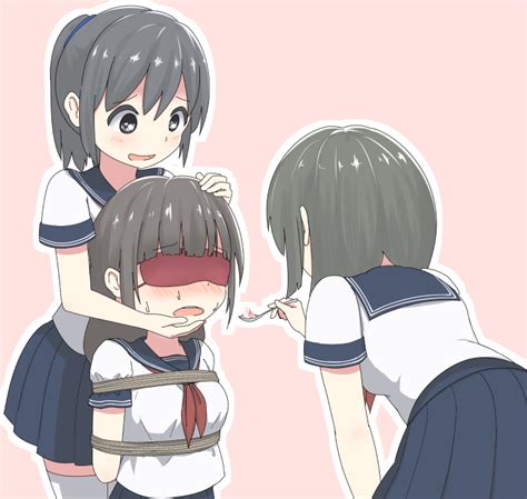 Safebooru 3girls Arms Behind Back Black Hair Blindfold Blush Feeding