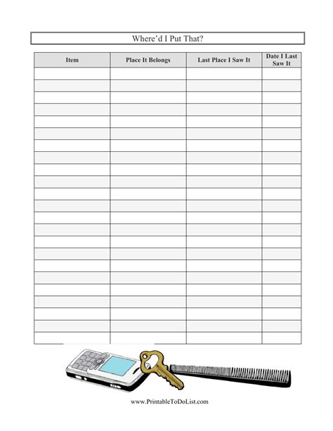 items inventory list template  printable  templateroller