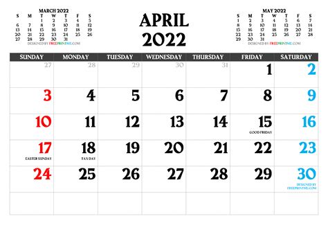 april  calendar  holidays printable  printable april