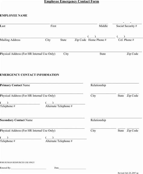 employee contact form template   employee emergency contact forms emergency contact form
