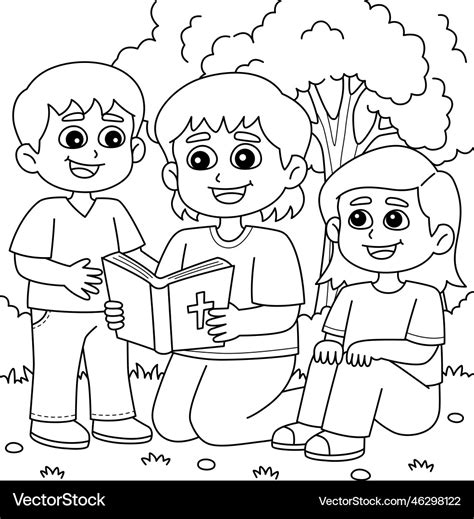 christian children reading  bible coloring page vector image