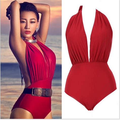 new 2015 women sexy red bodysuit swimsuit backless padded beachwear one