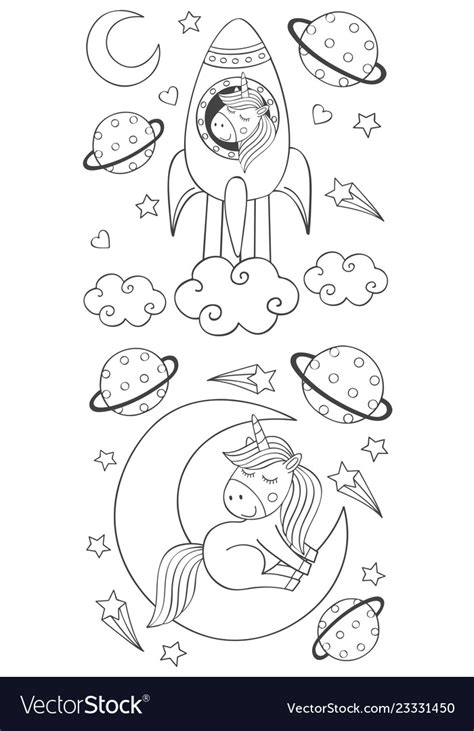 set isolated coloring cute unicorn  space vector image