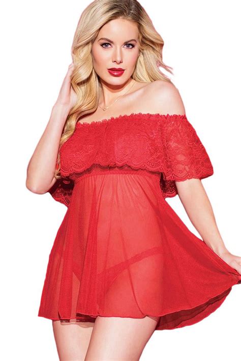 Red Off Shoulder Mesh Lace Ruffled See Through Sexy