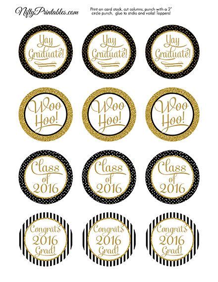 graduation cupcake toppers black gold elegant  nifty printables