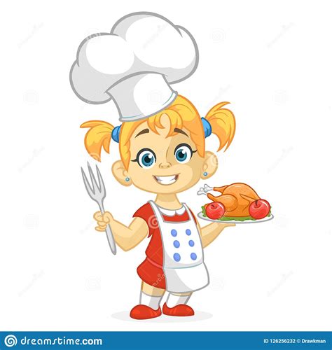 cartoon girl serving roasted thanksgiving turkey dish