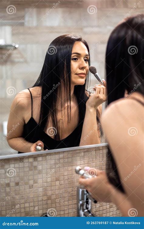 Happy Brunette Woman Applying Makeup Powder Blush Foundation Use Brush