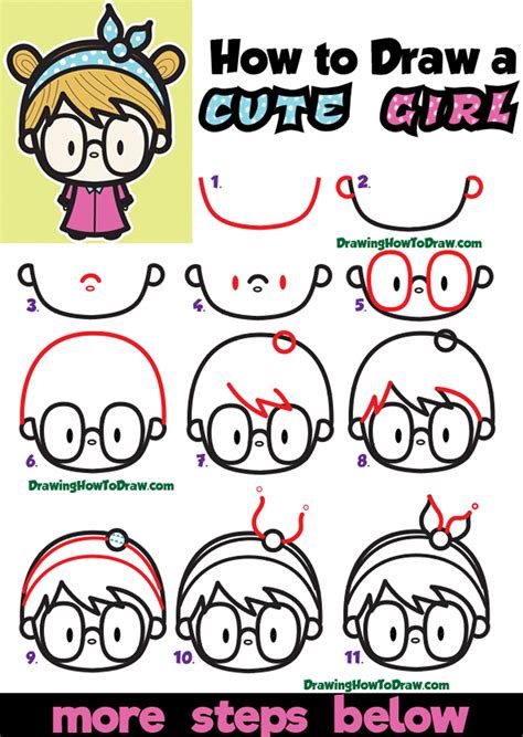 draw  cute kawaii girl  buns headband  glasses easy