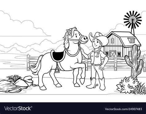 Black And White Coloring Page Happy Cowgirl Vector Image