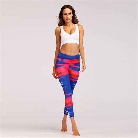 2018 Newest Women Yoga Pants Redandblue Striped Gym Fitness Quick Drying