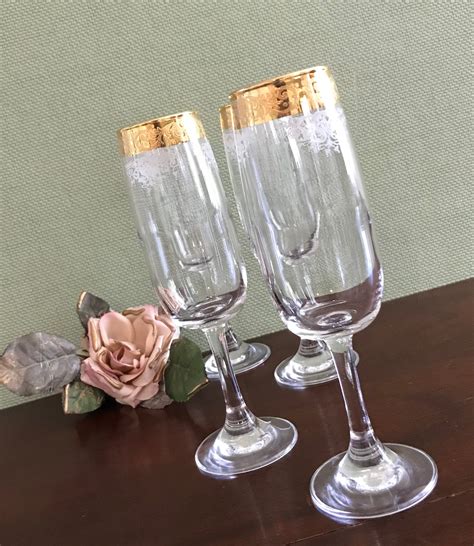 vintage glass flutes  gold band set   wedding flutes  toasting glasses