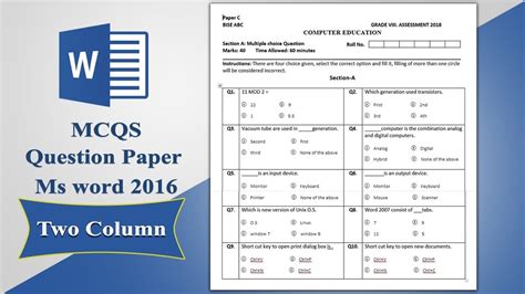 create multiple choice question mcqs paper  ms word