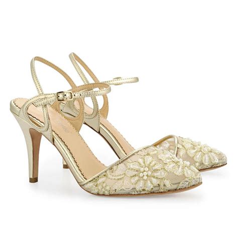gold pearl embroidered lace kitten heel with ankle straps