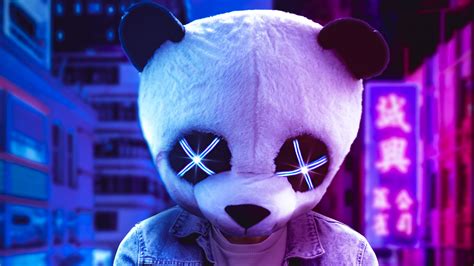 wallpaper digital art artwork illustration mask panda panda mask blue pink neon lights
