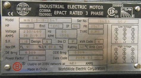 worldwide electric motor wwe     hp  phase  rpm  volt  coffeyville