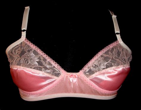 adult sissy handmade pink satin spandex with sheer lace front bra for