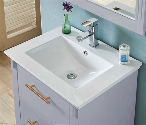single sink bathroom vanity  grey finish  ceramic top  faucet