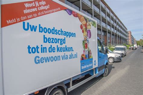ah supermarket service  home truck  amsterdam  netherlands  editorial image image