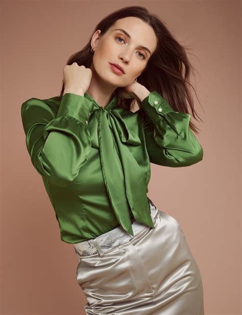 women s cactus green fitted luxury satin blouse pussy bow hawes