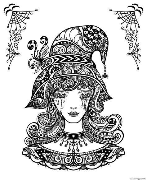 witch halloween  adults coloring page printable