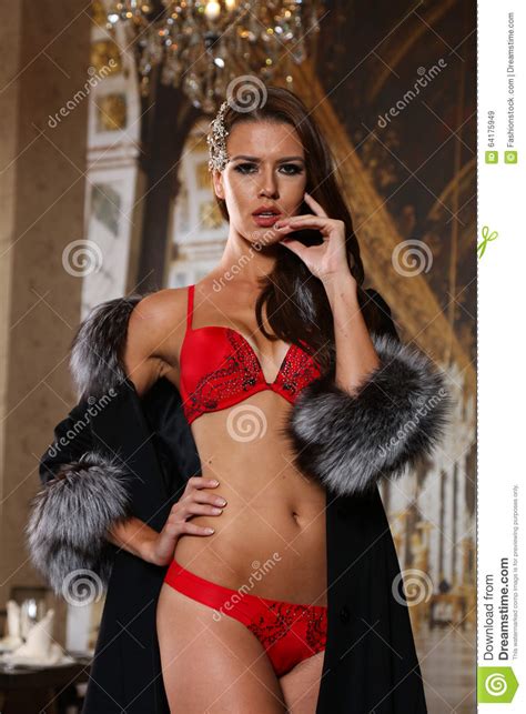 beautiful brunette woman in red lingerie and luxury fur coat in fashion pose stock image