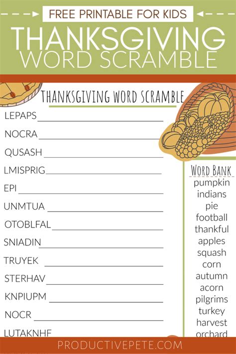 printable thanksgiving word scramble  kids productive pete