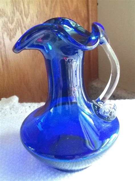 Vintage Cobalt Blue Glass Pitcher Blown Glass Applied Handle Image 2