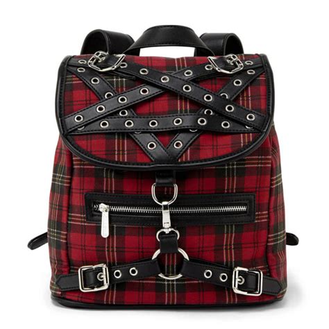 killstar menace backpack tartan red pentagram straps punk gothic rare nwt womens ebay