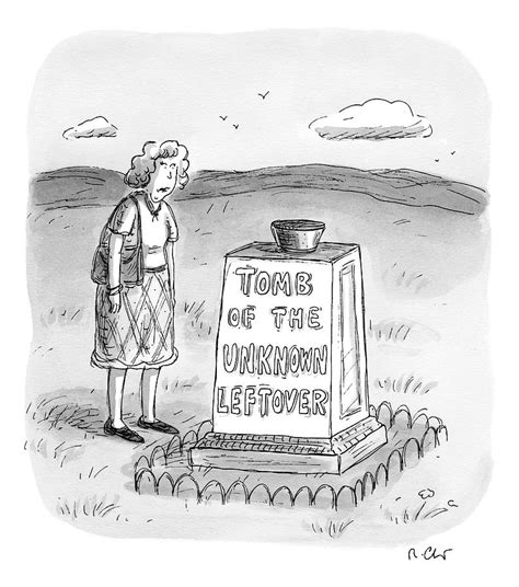 A Woman Stands In Front Of A Tomb With A Bowl Drawing By Roz Chast