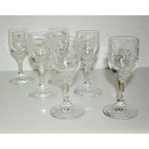 Vintage Set Of Six Cordial Glasses Etched Flowers Cordial Glasses
