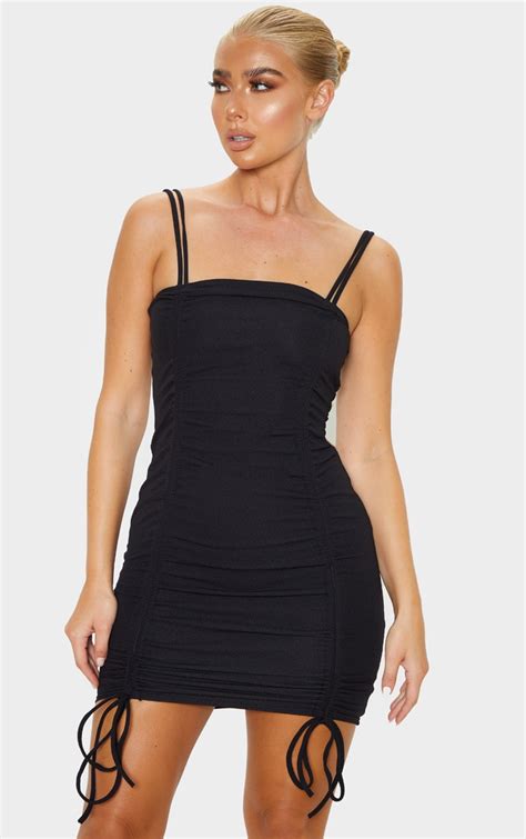black ruched front strappy bodycon dress prettylittlething aus