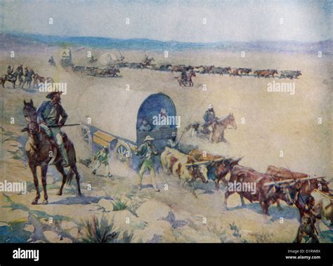 illustration   great trek  south africa  boers left  british colony  wagons stock