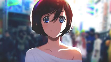 wallpaper anime girl sunlight smiling short hair blue eyes face