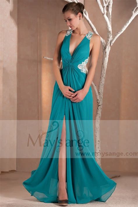 sexy turquoise long dress deep v neckline and slit in front