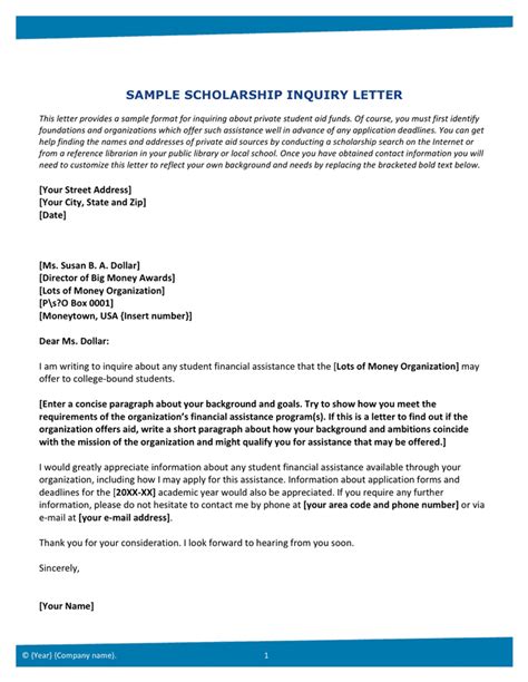 sample scholarship inquiry letter  word   formats