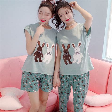 2017 Cotton Cute Women Pajamas 2 Pieces Set Sister Pyjama Short Tops