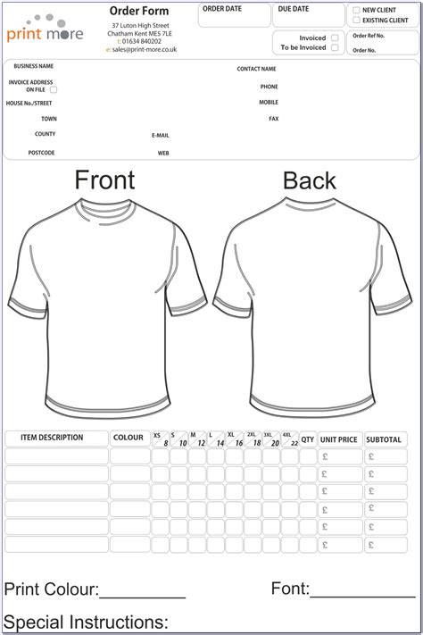 printable  shirt order form templates form resume