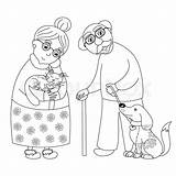 Grandfather Grandmother Coloring Cute Old Drawing Book Granny Man Darling Cat Dog sketch template