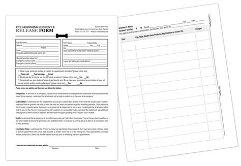 grooming release form template printable   dog grooming record
