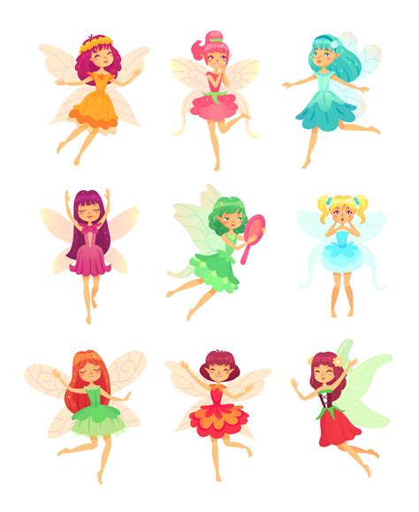 cartoon fairy girls cute fairies dancing  colorful dresses magic